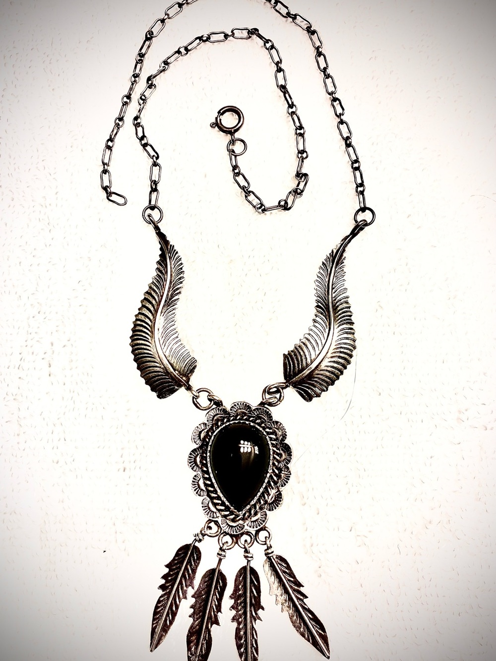 Vintage Navajo 17” Sterling Silver Necklace with Onyx Stone